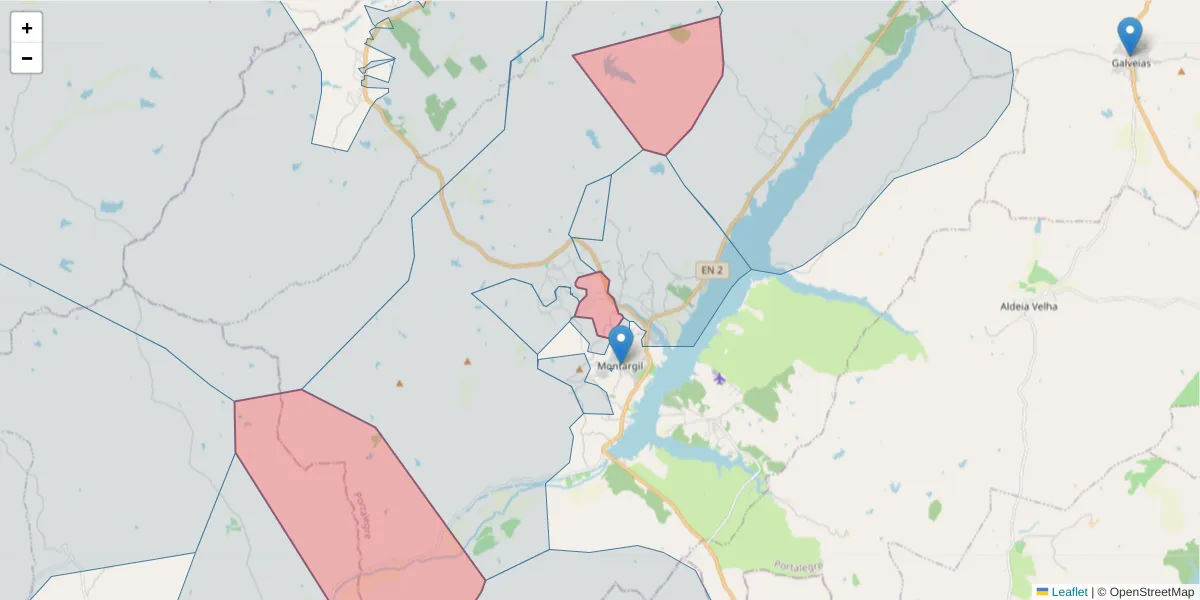 Mapa detalhado do código postal 7425-011 com limites, códigos postais vizinhos e agências dos correios