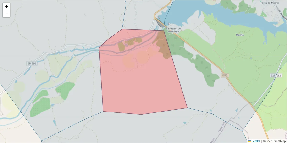 Mapa detalhado do código postal 7425-017 com limites, códigos postais vizinhos e agências dos correios