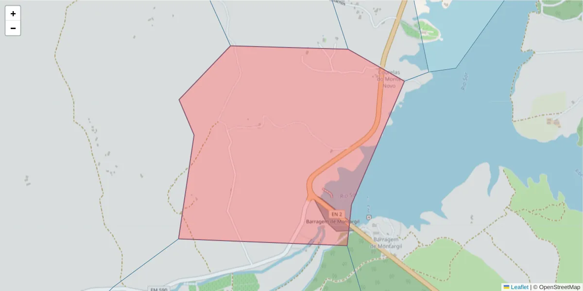 Mapa detalhado do código postal 7425-018 com limites, códigos postais vizinhos e agências dos correios