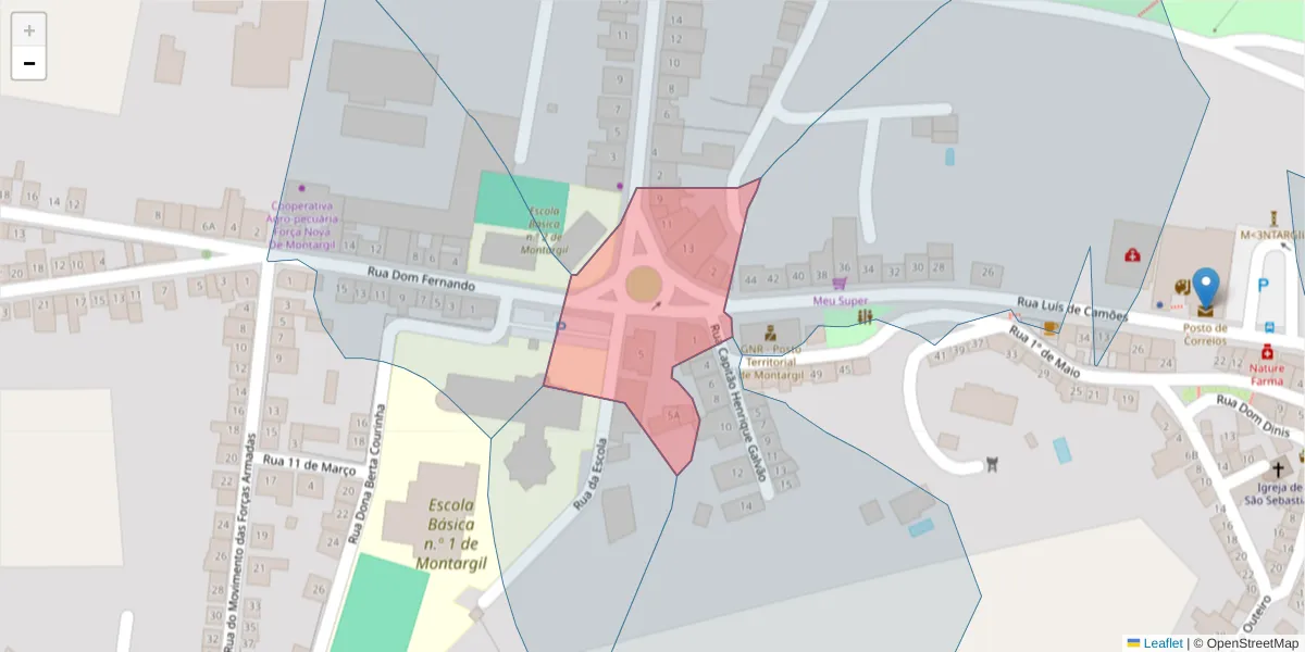 Mapa detalhado do código postal 7425-104 com limites, códigos postais vizinhos e agências dos correios
