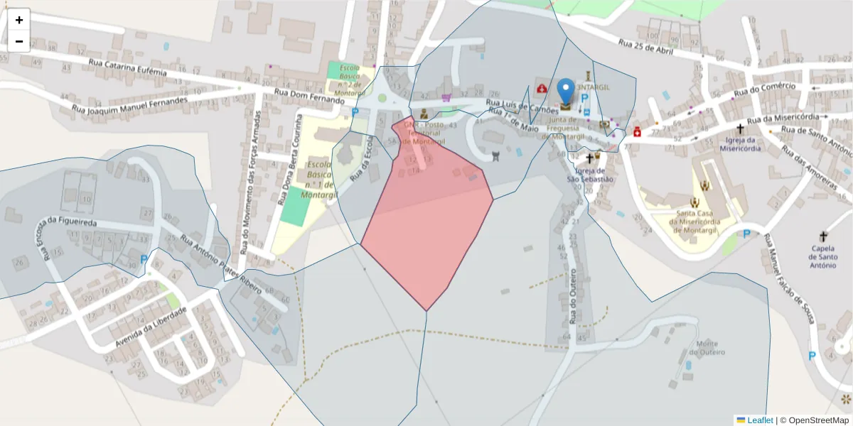 Mapa detalhado do código postal 7425-107 com limites, códigos postais vizinhos e agências dos correios