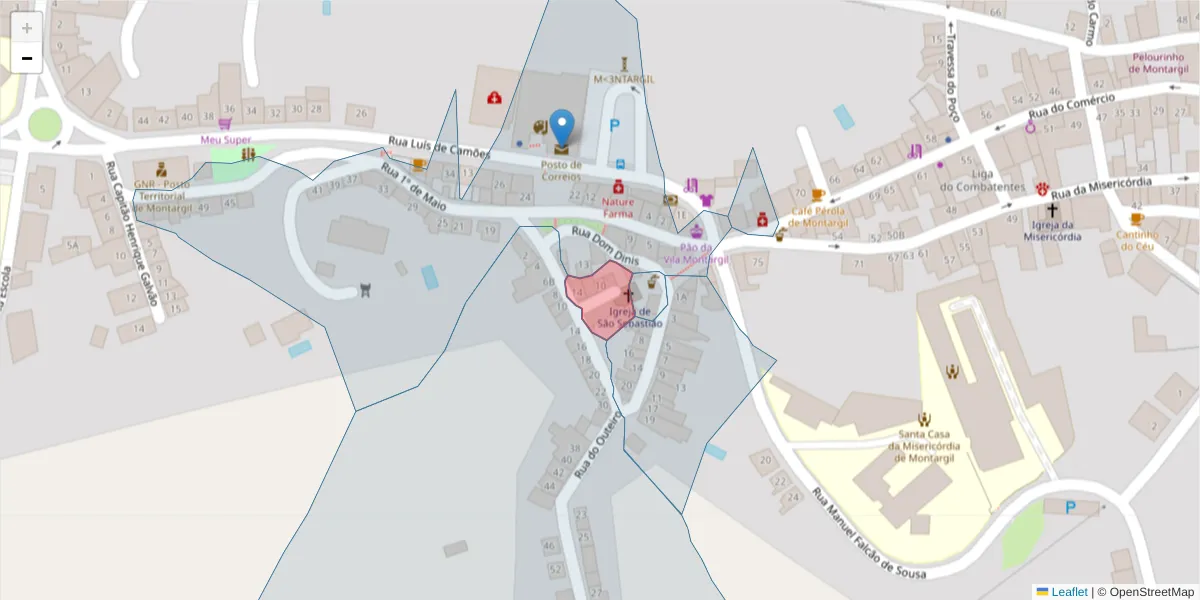 Mapa detalhado do código postal 7425-122 com limites, códigos postais vizinhos e agências dos correios