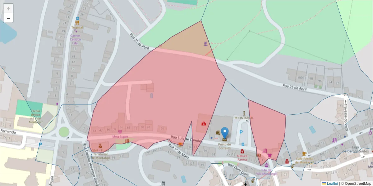 Mapa detalhado do código postal 7425-128 com limites, códigos postais vizinhos e agências dos correios