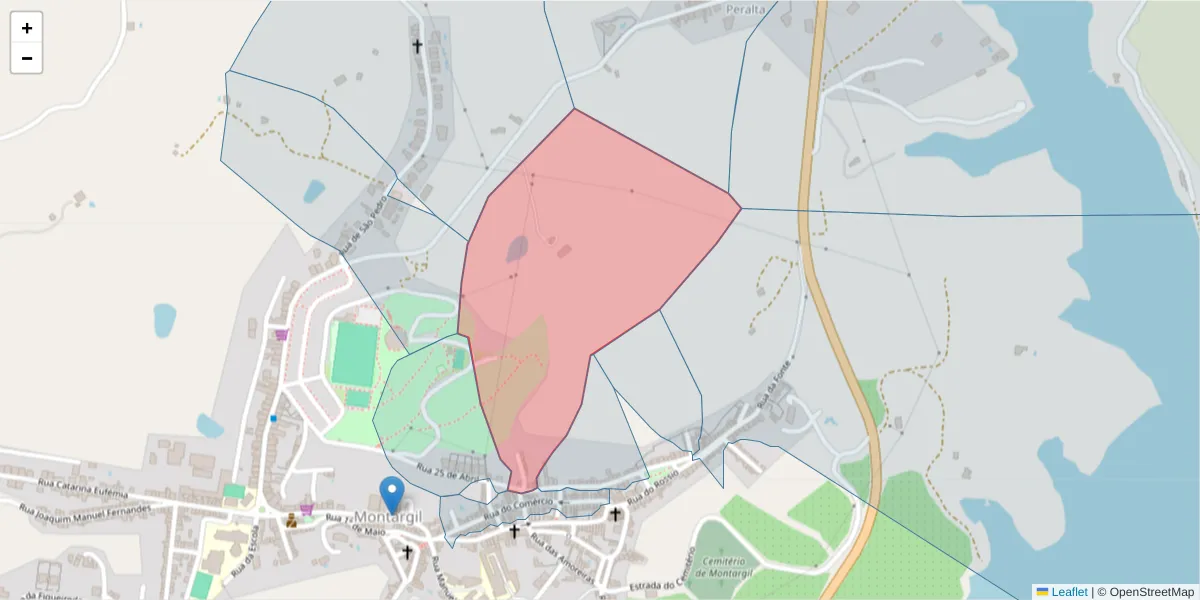 Mapa detalhado do código postal 7425-129 com limites, códigos postais vizinhos e agências dos correios