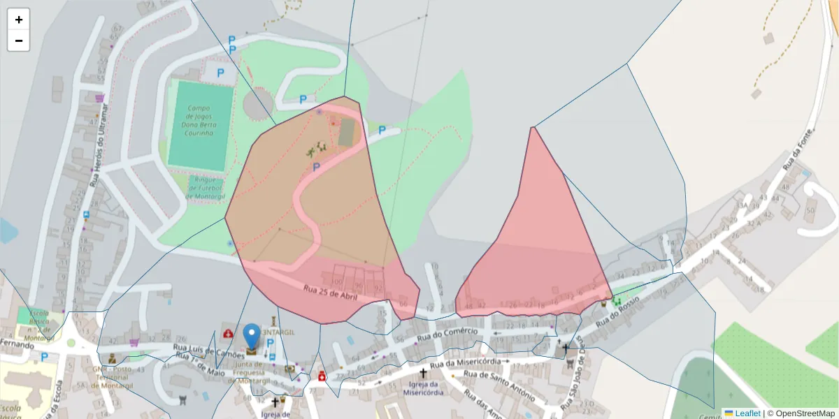 Mapa detalhado do código postal 7425-135 com limites, códigos postais vizinhos e agências dos correios