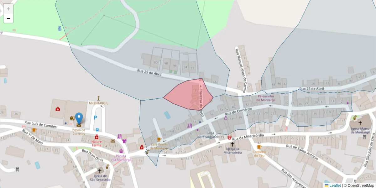 Mapa detalhado do código postal 7425-140 com limites, códigos postais vizinhos e agências dos correios
