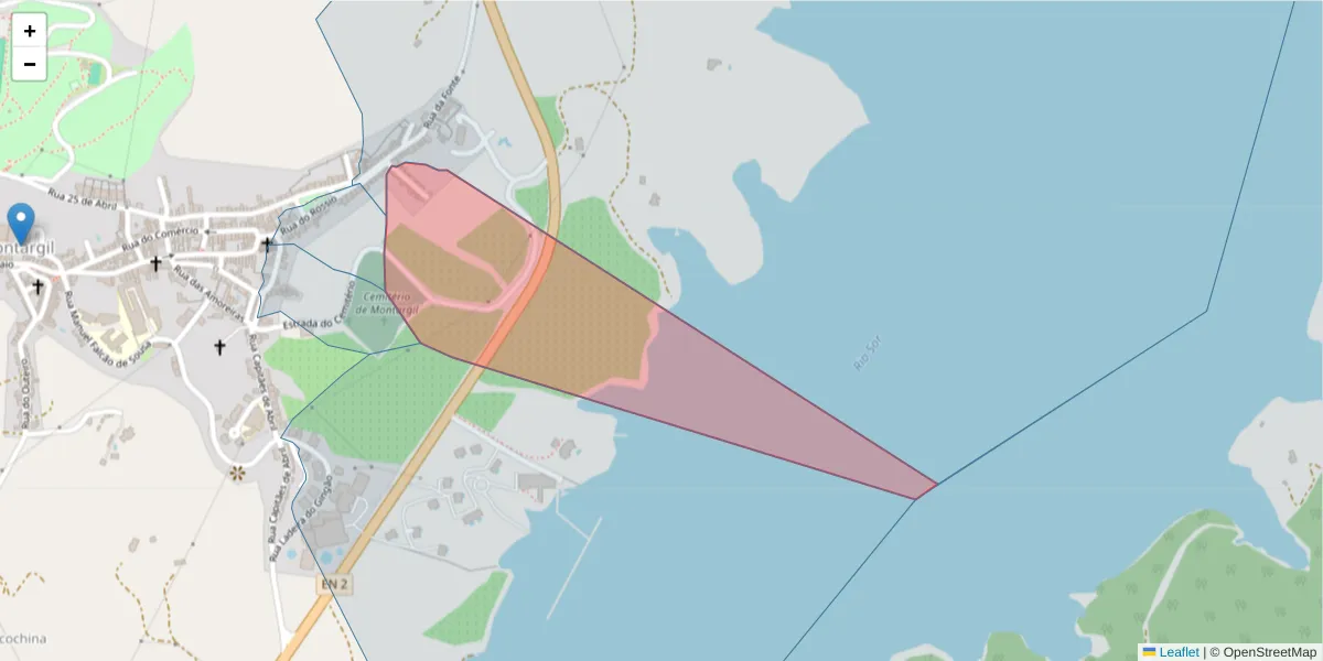 Mapa detalhado do código postal 7425-145 com limites, códigos postais vizinhos e agências dos correios
