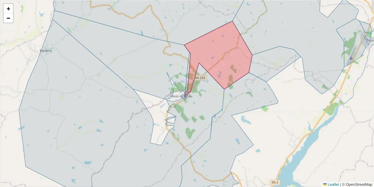 Mapa detalhado do código postal 7425-201 com limites, códigos postais vizinhos e agências dos correios