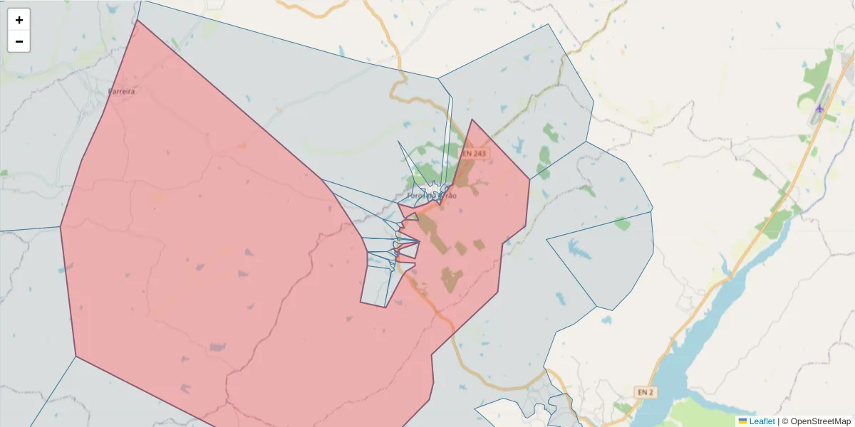 Mapa detalhado do código postal 7425-202 com limites, códigos postais vizinhos e agências dos correios