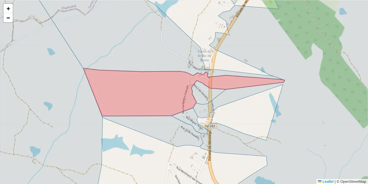 Mapa detalhado do código postal 7425-208 com limites, códigos postais vizinhos e agências dos correios