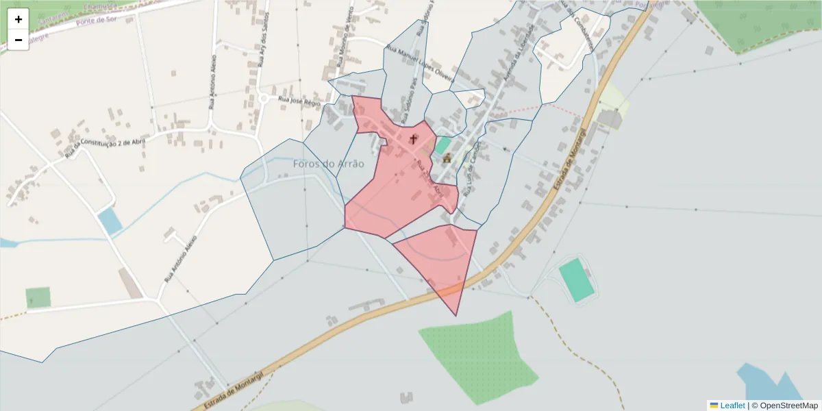 Mapa detalhado do código postal 7425-210 com limites, códigos postais vizinhos e agências dos correios