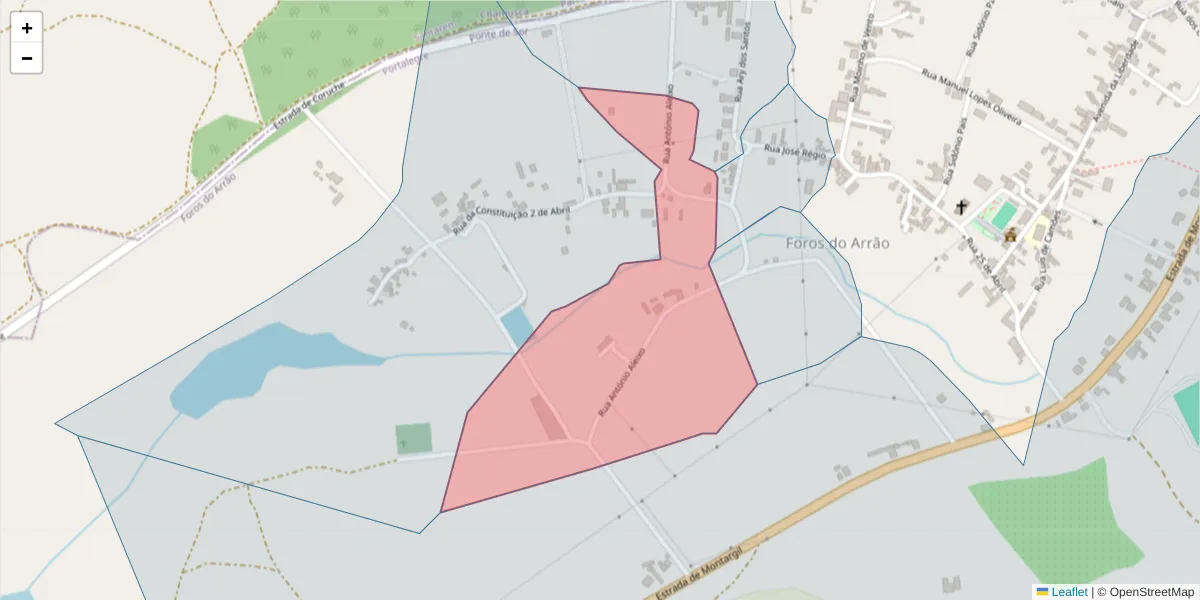 Mapa detalhado do código postal 7425-225 com limites, códigos postais vizinhos e agências dos correios