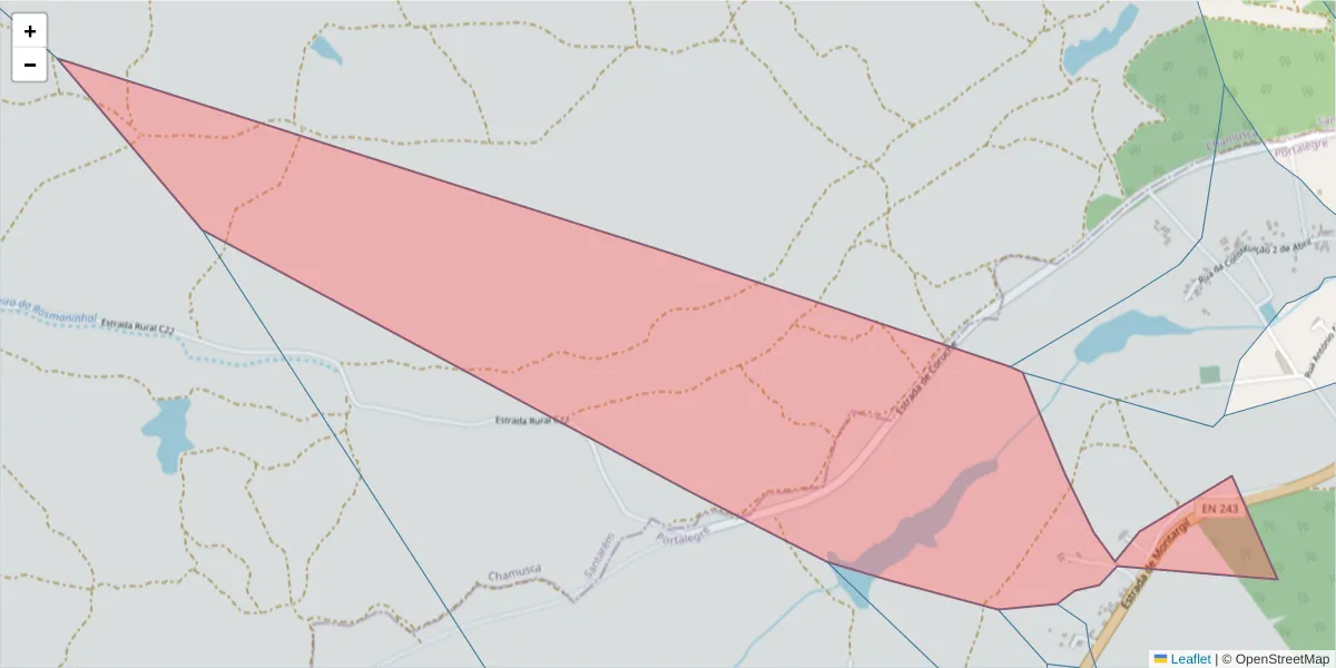 Mapa detalhado do código postal 7425-239 com limites, códigos postais vizinhos e agências dos correios