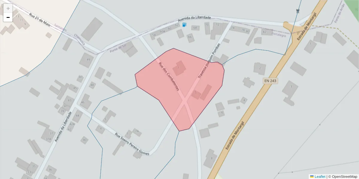 Mapa detalhado do código postal 7425-240 com limites, códigos postais vizinhos e agências dos correios