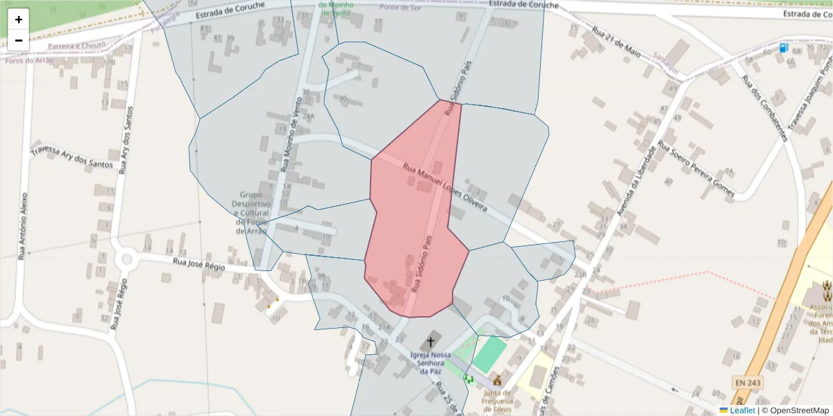 Mapa detalhado do código postal 7425-242 com limites, códigos postais vizinhos e agências dos correios