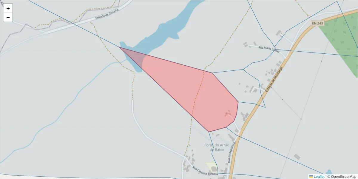 Mapa detalhado do código postal 7425-243 com limites, códigos postais vizinhos e agências dos correios