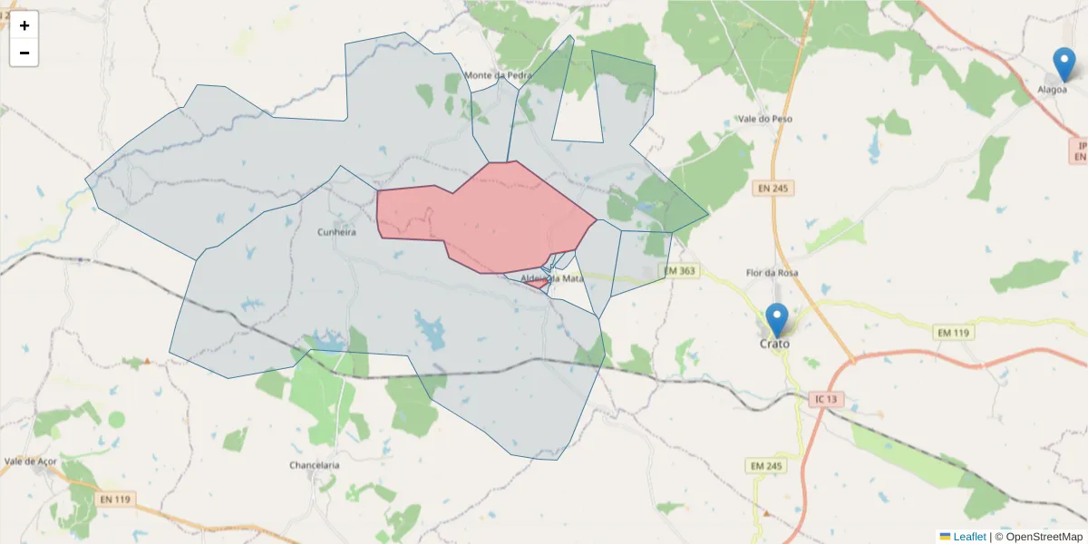 Mapa detalhado do código postal 7430-011 com limites, códigos postais vizinhos e agências dos correios