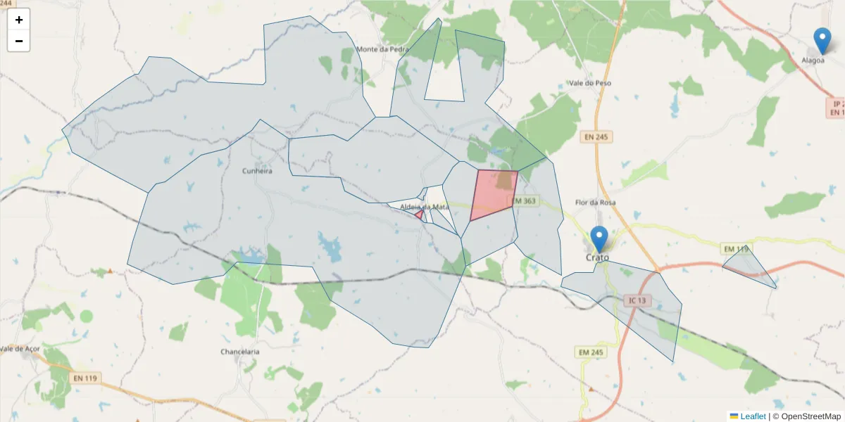 Mapa detalhado do código postal 7430-014 com limites, códigos postais vizinhos e agências dos correios