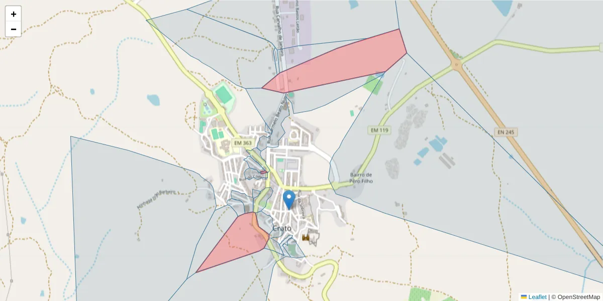 Mapa detalhado do código postal 7430-122 com limites, códigos postais vizinhos e agências dos correios