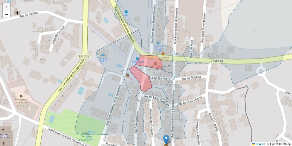 Mapa detalhado do código postal 7430-125 com limites, códigos postais vizinhos e agências dos correios