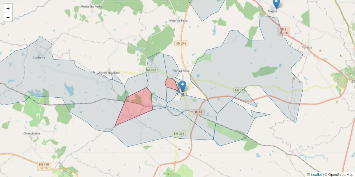 Mapa detalhado do código postal 7430-132 com limites, códigos postais vizinhos e agências dos correios