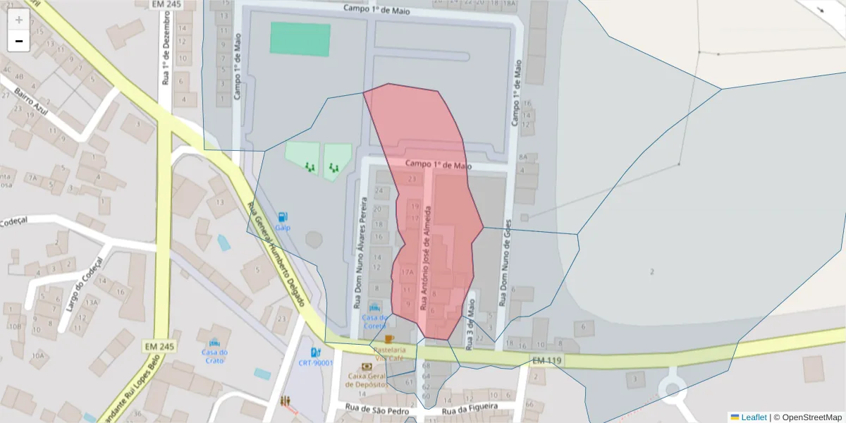 Mapa detalhado do código postal 7430-136 com limites, códigos postais vizinhos e agências dos correios