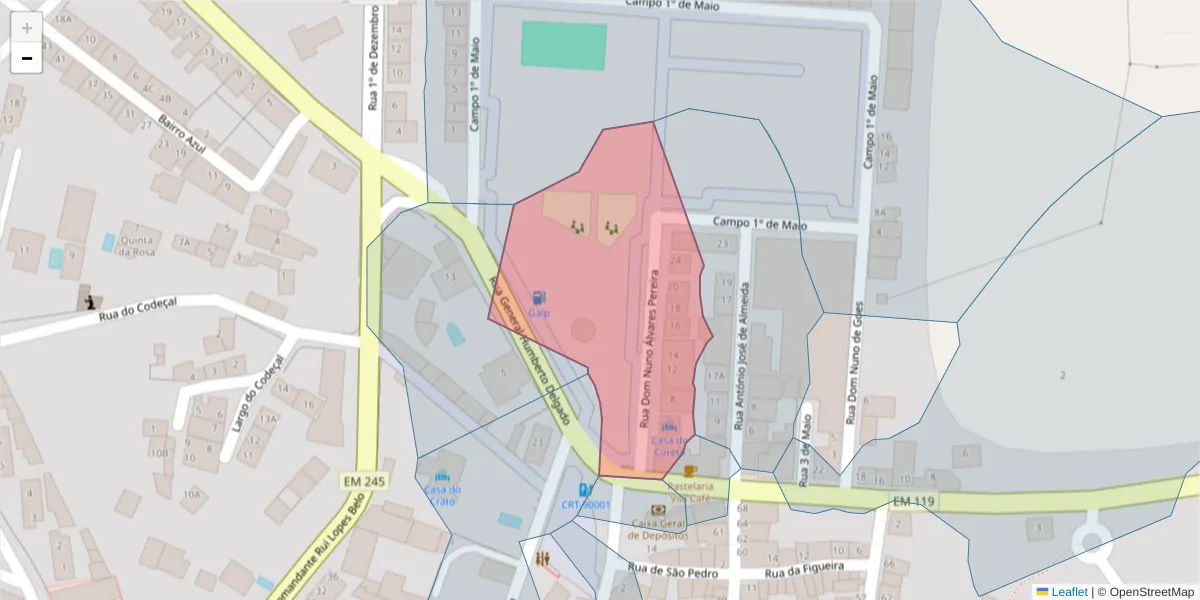 Mapa detalhado do código postal 7430-167 com limites, códigos postais vizinhos e agências dos correios