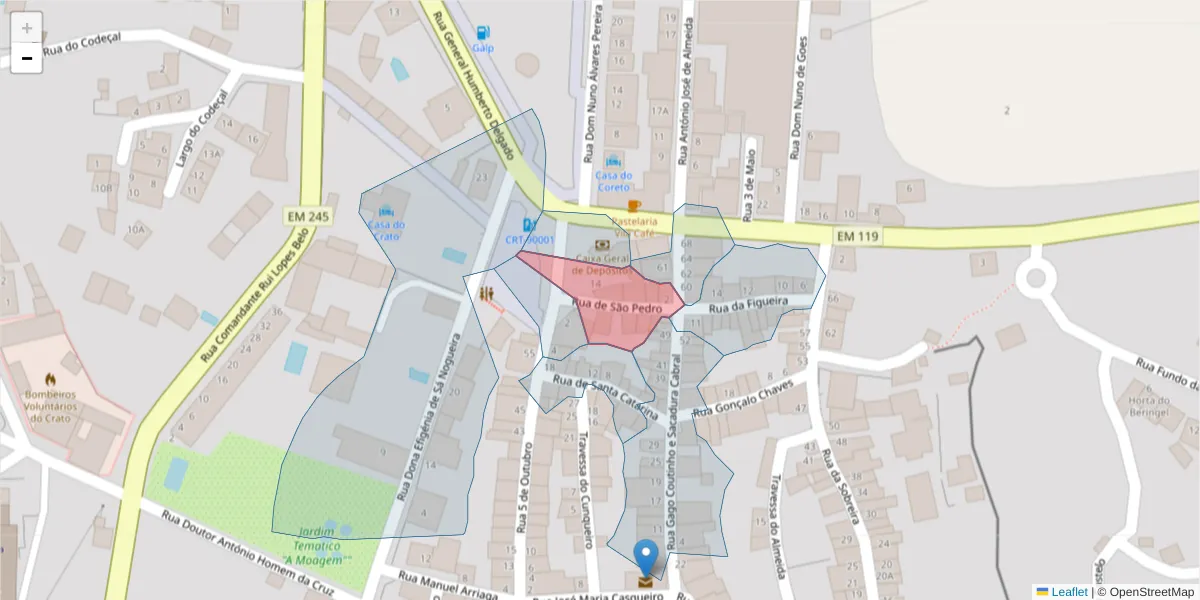 Mapa detalhado do código postal 7430-172 com limites, códigos postais vizinhos e agências dos correios