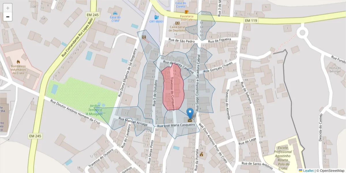 Mapa detalhado do código postal 7430-175 com limites, códigos postais vizinhos e agências dos correios