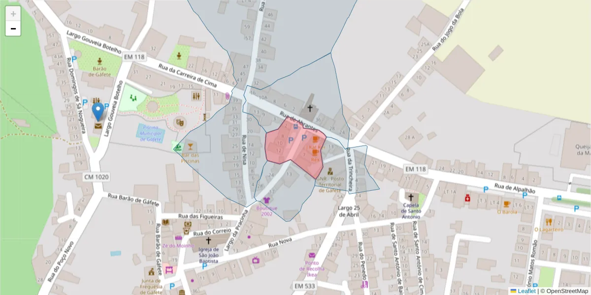 Mapa detalhado do código postal 7430-257 com limites, códigos postais vizinhos e agências dos correios
