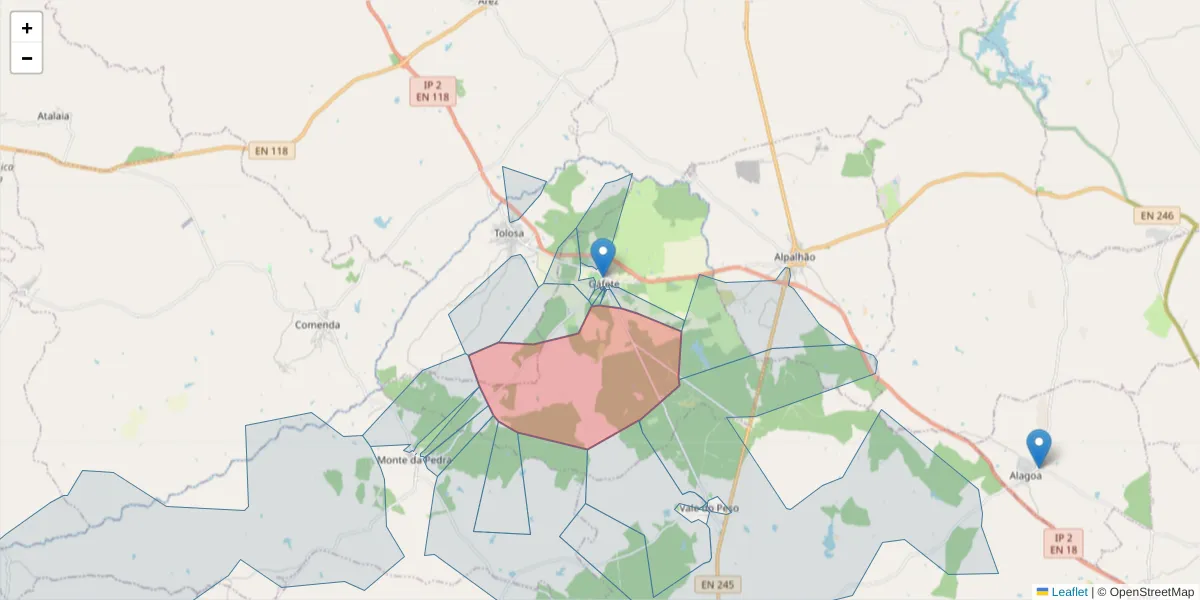 Mapa detalhado do código postal 7430-264 com limites, códigos postais vizinhos e agências dos correios
