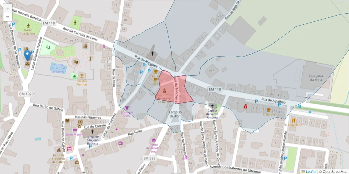 Mapa detalhado do código postal 7430-270 com limites, códigos postais vizinhos e agências dos correios
