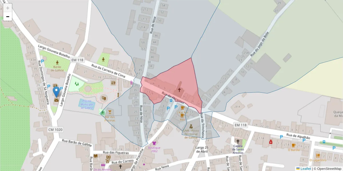 Mapa detalhado do código postal 7430-274 com limites, códigos postais vizinhos e agências dos correios