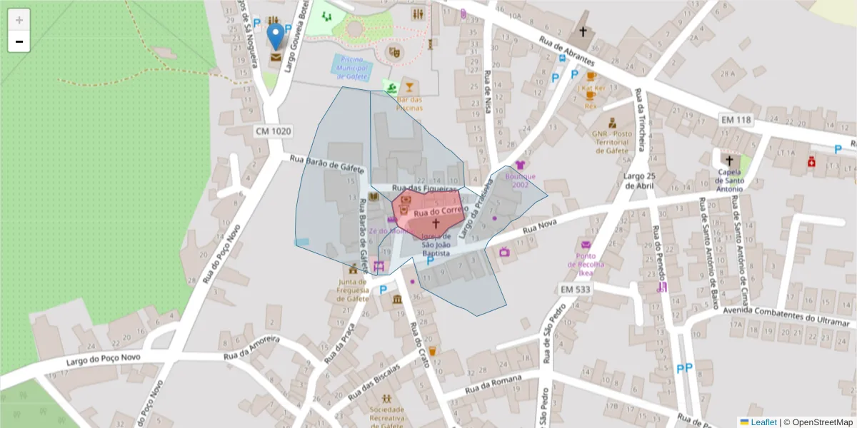 Mapa detalhado do código postal 7430-288 com limites, códigos postais vizinhos e agências dos correios