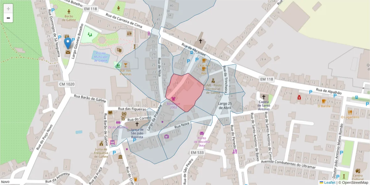 Mapa detalhado do código postal 7430-290 com limites, códigos postais vizinhos e agências dos correios