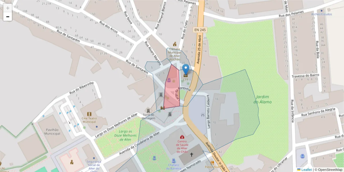Mapa detalhado do código postal 7440-023 com limites, códigos postais vizinhos e agências dos correios