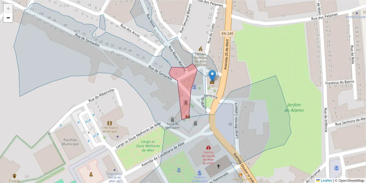 Mapa detalhado do código postal 7440-032 com limites, códigos postais vizinhos e agências dos correios