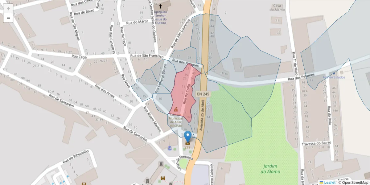 Mapa detalhado do código postal 7440-069 com limites, códigos postais vizinhos e agências dos correios