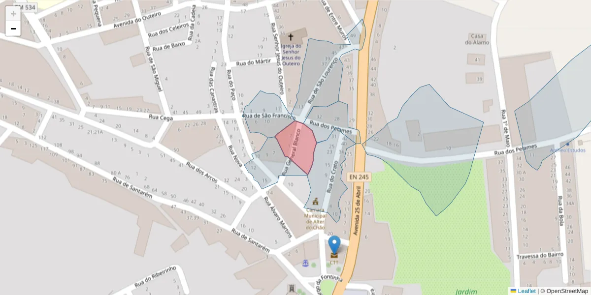 Mapa detalhado do código postal 7440-092 com limites, códigos postais vizinhos e agências dos correios