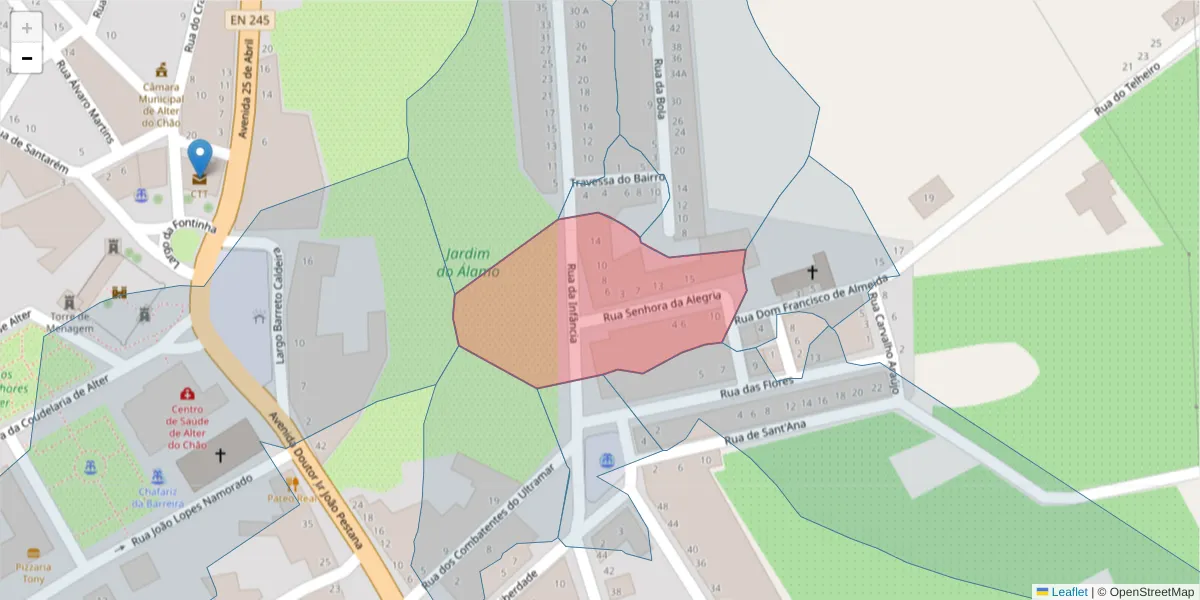 Mapa detalhado do código postal 7440-100 com limites, códigos postais vizinhos e agências dos correios
