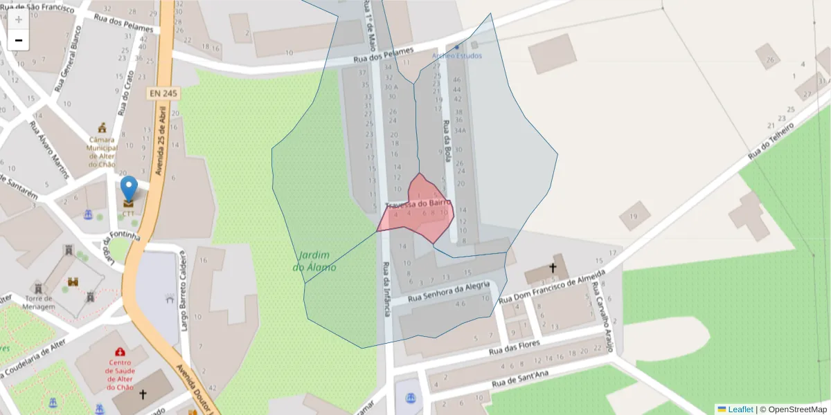 Mapa detalhado do código postal 7440-101 com limites, códigos postais vizinhos e agências dos correios
