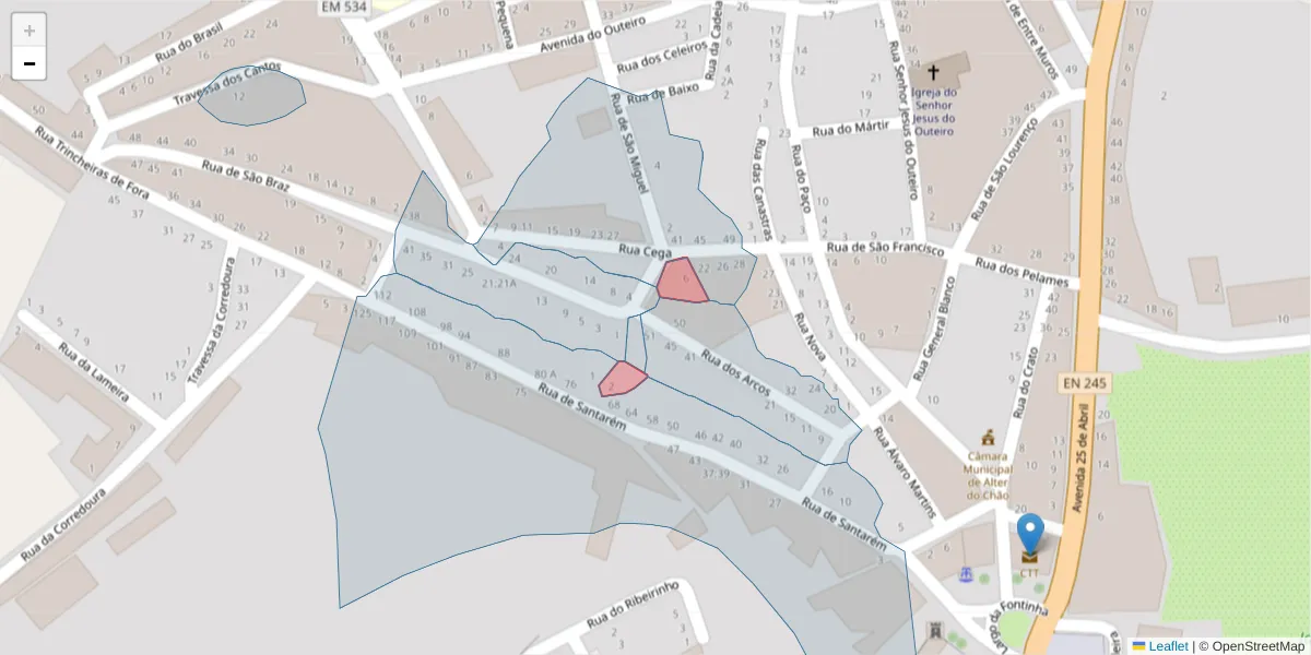 Mapa detalhado do código postal 7440-152 com limites, códigos postais vizinhos e agências dos correios