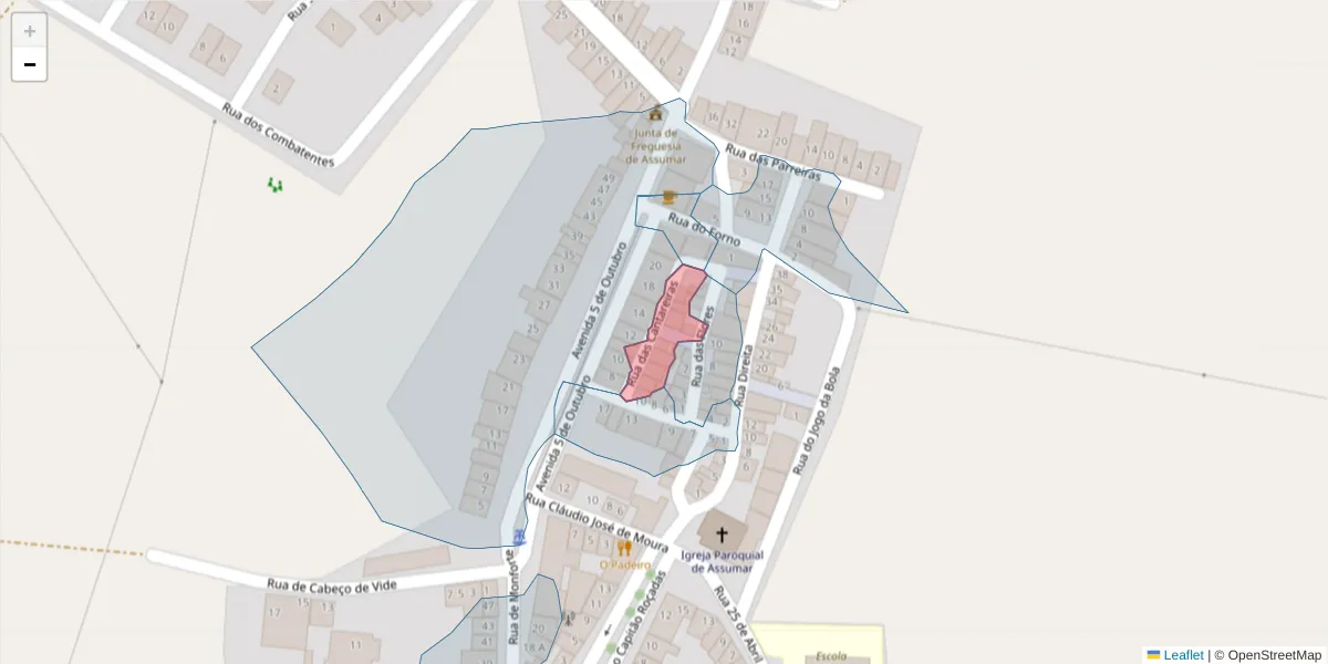 Mapa detalhado do código postal 7450-019 com limites, códigos postais vizinhos e agências dos correios