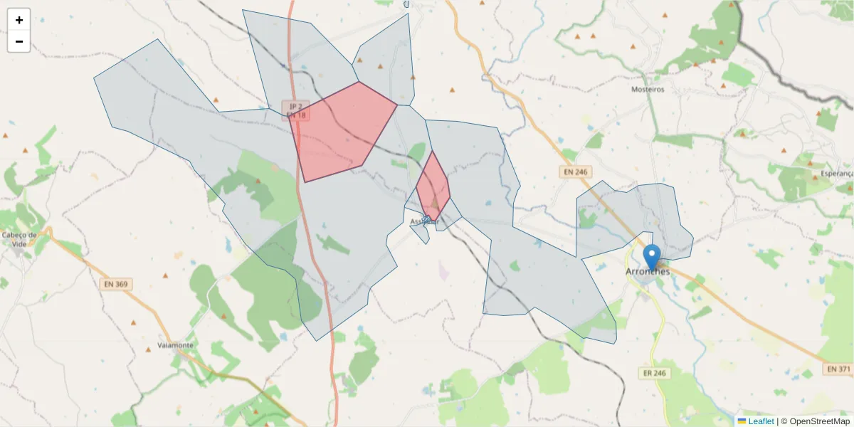 Mapa detalhado do código postal 7450-022 com limites, códigos postais vizinhos e agências dos correios