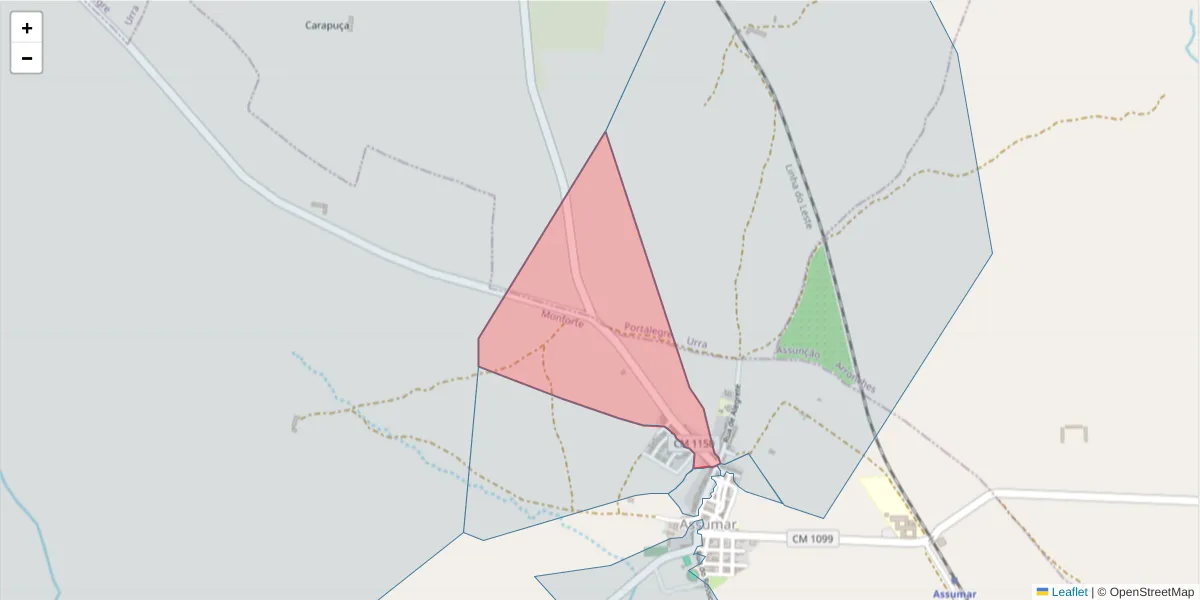 Mapa detalhado do código postal 7450-026 com limites, códigos postais vizinhos e agências dos correios