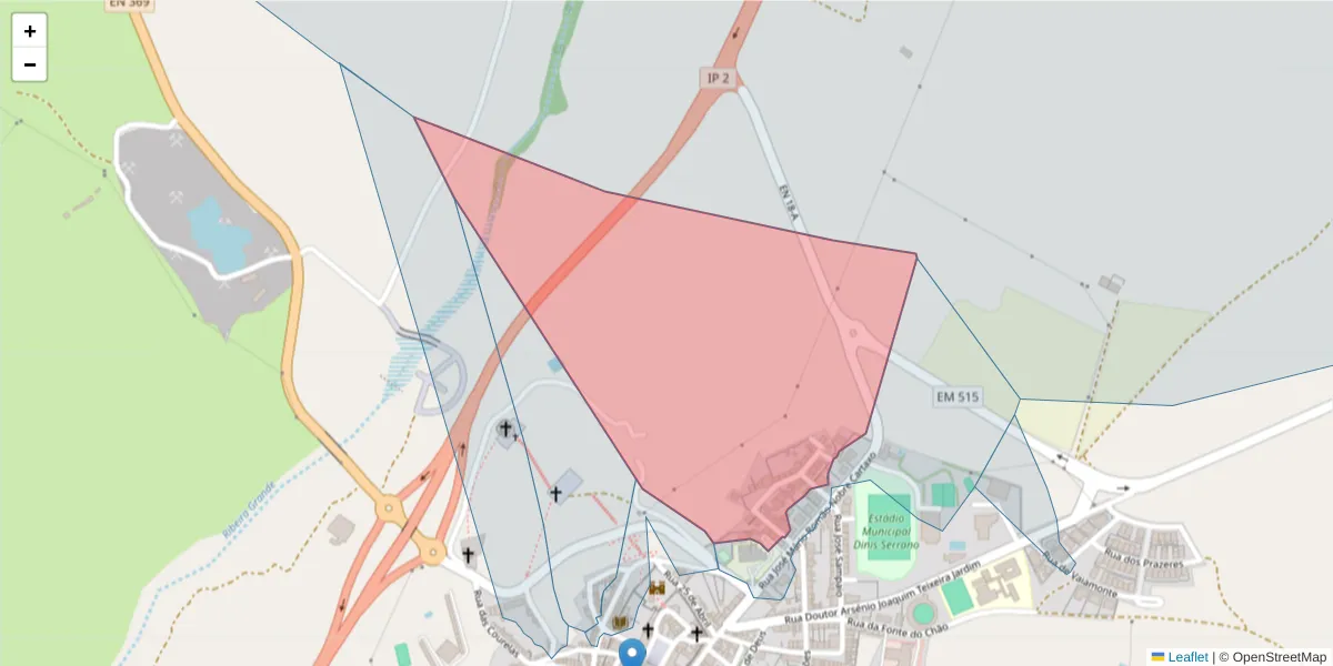 Mapa detalhado do código postal 7450-103 com limites, códigos postais vizinhos e agências dos correios
