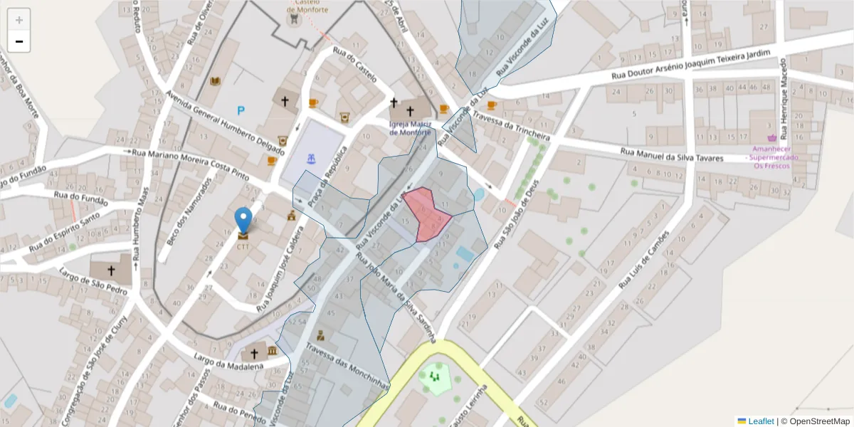 Mapa detalhado do código postal 7450-104 com limites, códigos postais vizinhos e agências dos correios