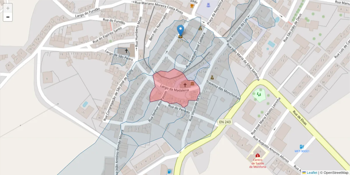 Mapa detalhado do código postal 7450-109 com limites, códigos postais vizinhos e agências dos correios