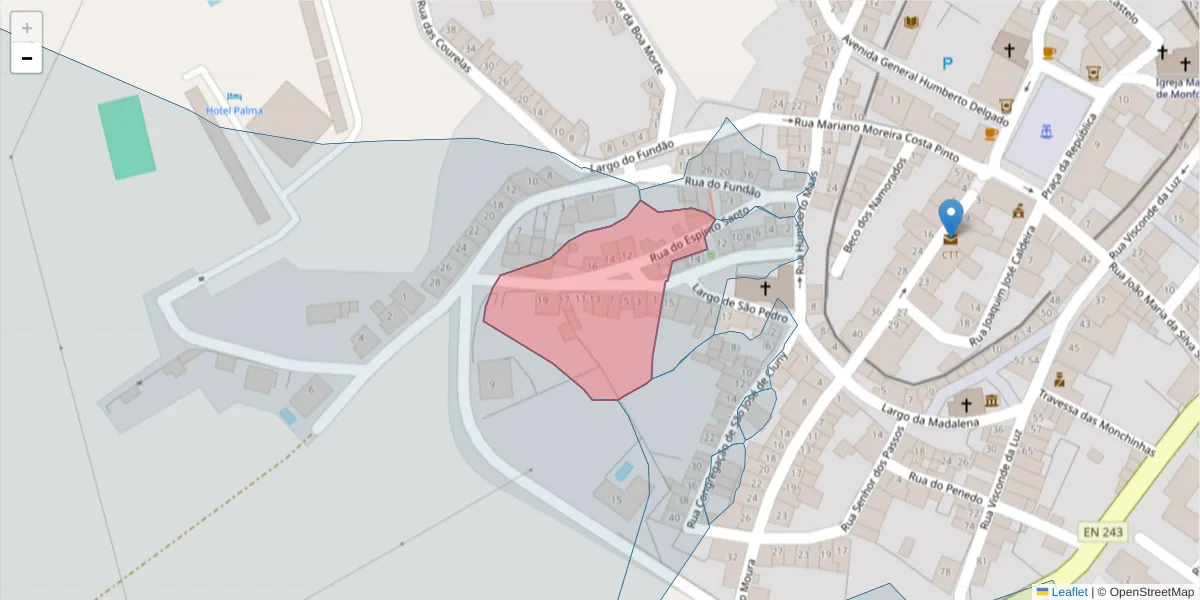 Mapa detalhado do código postal 7450-111 com limites, códigos postais vizinhos e agências dos correios