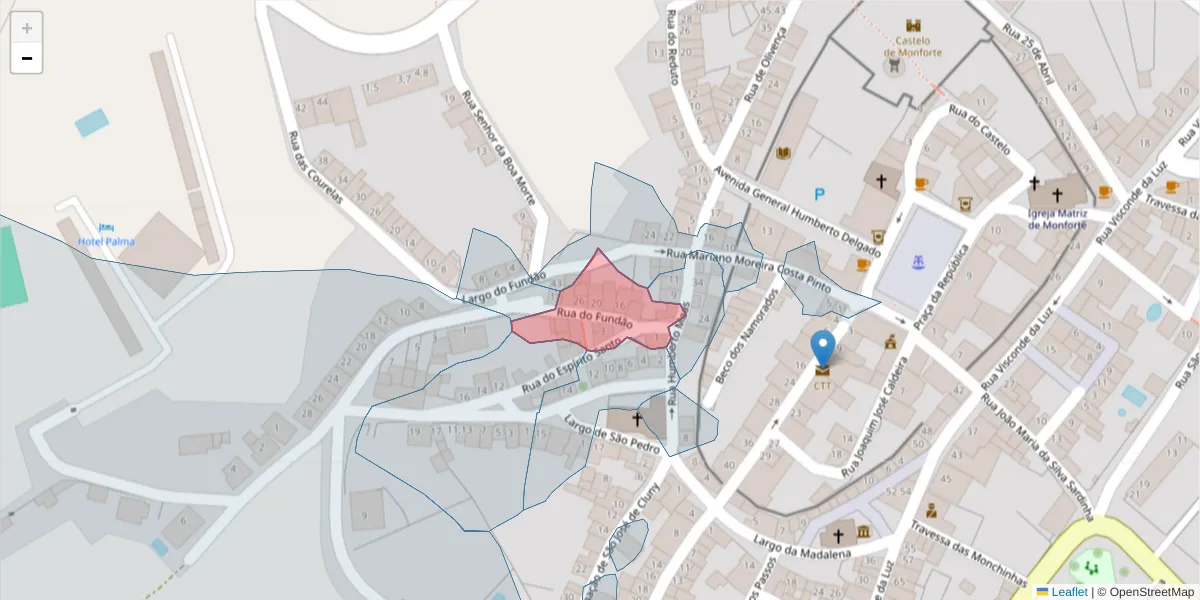 Mapa detalhado do código postal 7450-122 com limites, códigos postais vizinhos e agências dos correios